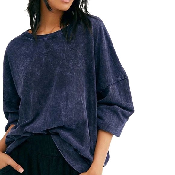 Free People Drop Shoulder Long Sleeve T-Shirt Navy Size Small - Picture 2 of 4